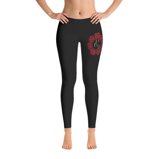 S/C Women's Cut & Sew Black Leggings Floral Circle Red & Gold