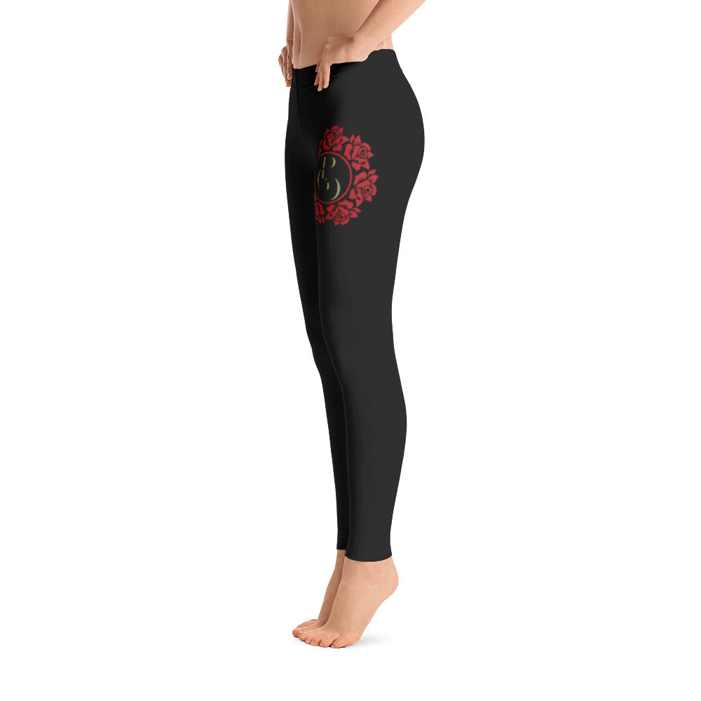 S/C Women's Cut & Sew Black Leggings Floral Circle Red & Gold