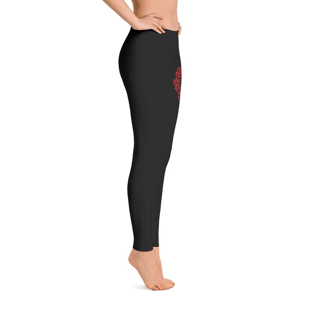 S/C Women's Cut & Sew Black Leggings Floral Circle Red & Gold